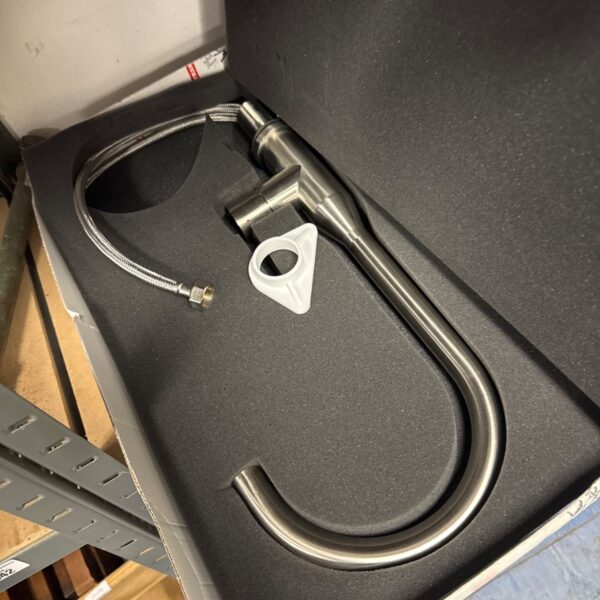 Franke Montreux brushed steel kitchen mixer tap with flexible hose.