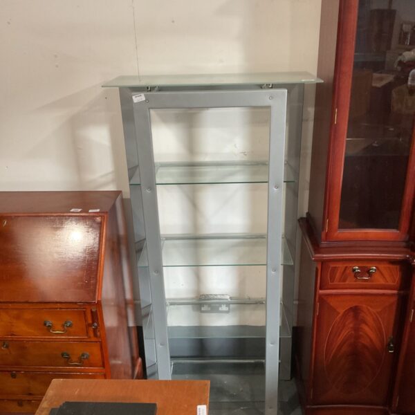 Freestanding grey metal and glass shelving display unit with frosted glass top