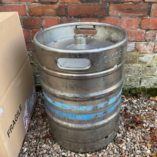 Full size aluminium pub beer keg with blue painted bands, standing upright