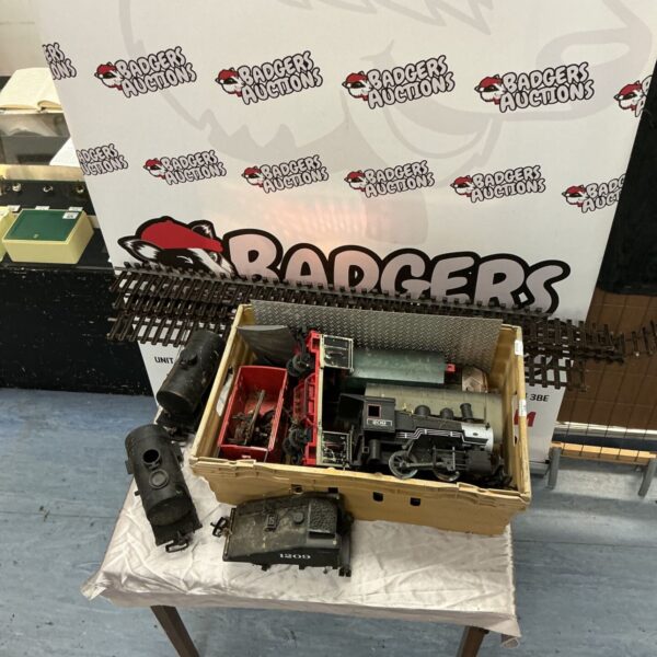 Crate of G gauge model train carriages, wagons and locomotive parts