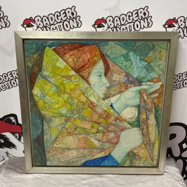 Framed geometric watercolour portrait on panel of a lady in a headscarf by G. Portoles A.