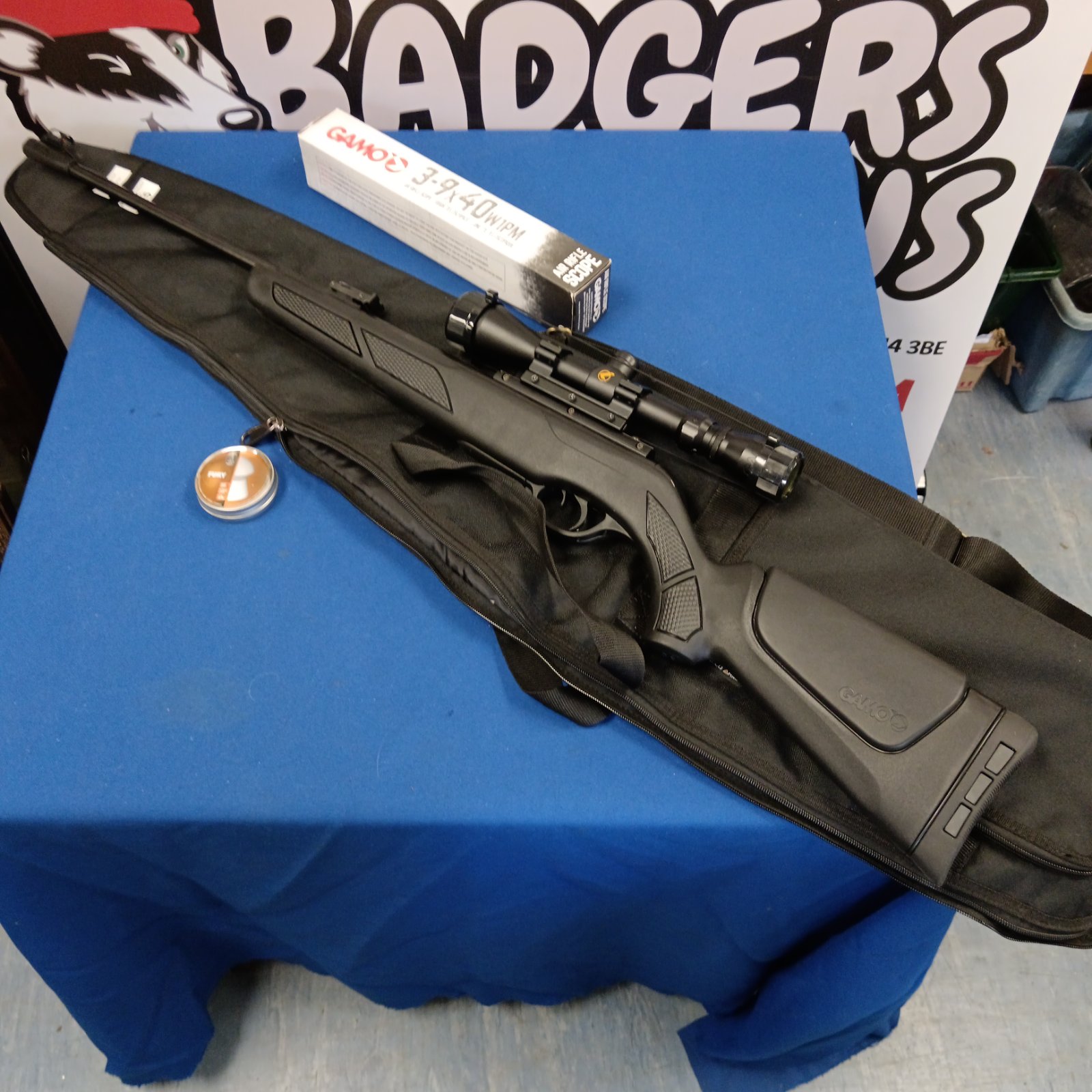 Gamo Shadow DX .22 air rifle with scope and carrying bag.