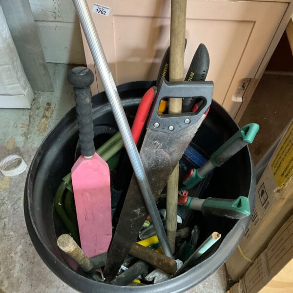 A bucket filled with various garden tools and pruning shears.