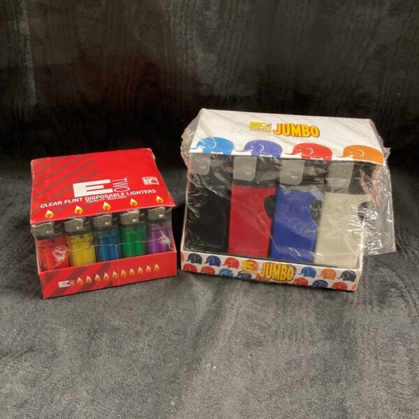 Two sealed and open packs of disposable gas lighters.