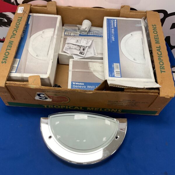 Box of Geneva wall lights in original packaging.