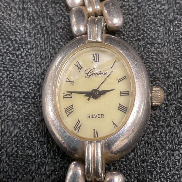 Vintage Geneve sterling silver ladies wristwatch with Roman numeral dial.