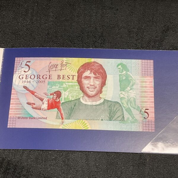 Front of the George Best commemorative five pound Ulster Bank note.