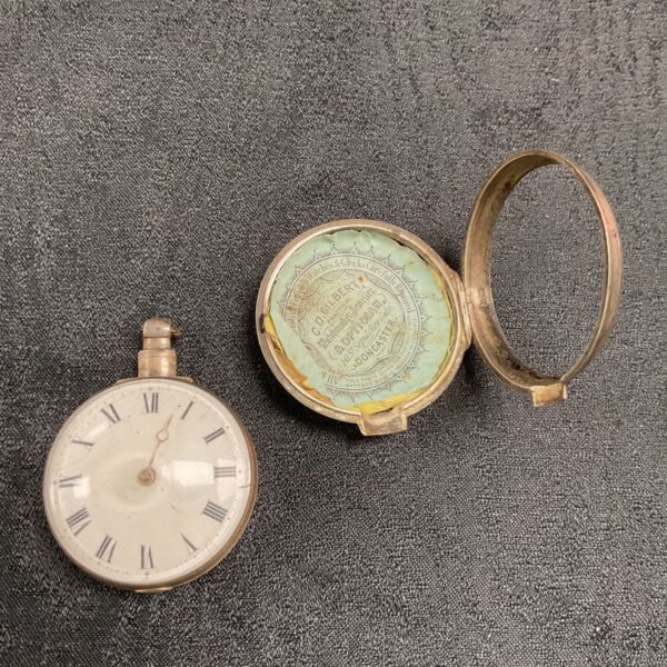 Georgian silver pair case watch with white enamel Roman numeral dial and open outer case