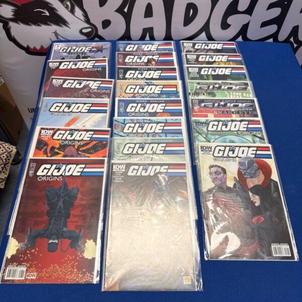 Collection of G.I. Joe Origins IDW comic books arranged in protective sleeves