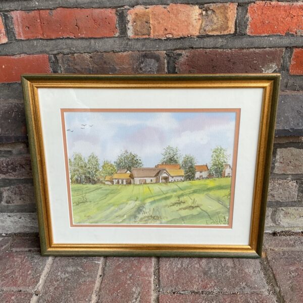 Michel Syson gilt framed watercolour of a farmstead beneath a soft sky