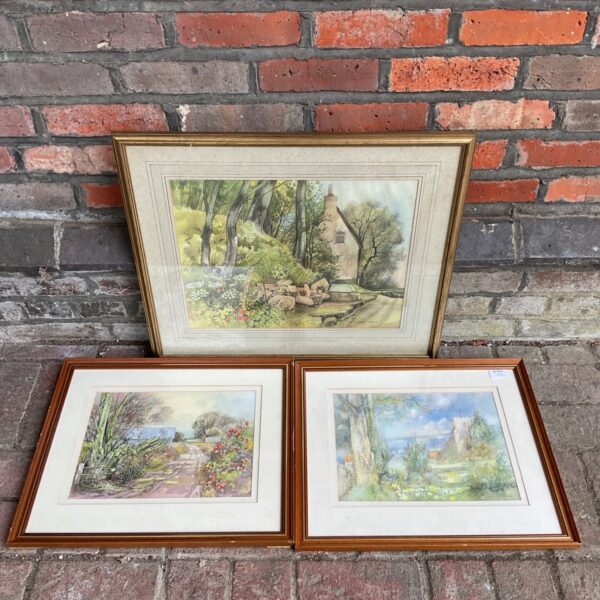 Framed Gladys Crook watercolour painting of a cottage in the countryside.
