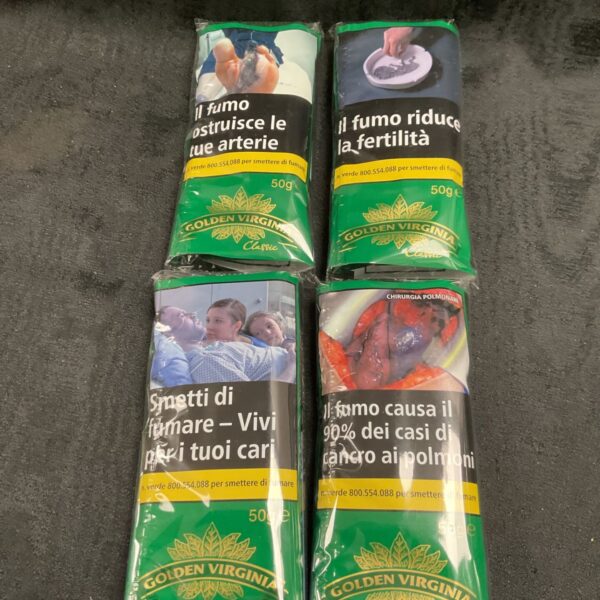 Vintage Golden Virginia tobacco packs with health warnings.