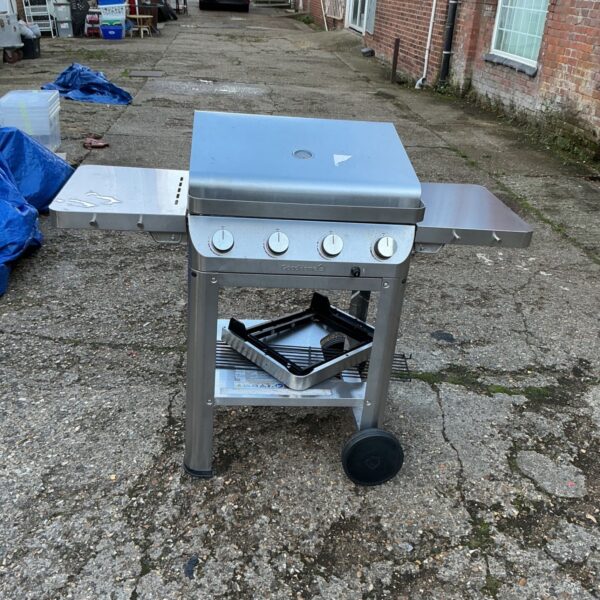 GoodHome stainless steel gas BBQ on wheeled stand with side shelves