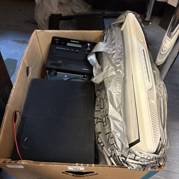 Goodmans digital radio with speakers and neon monitor in a box.