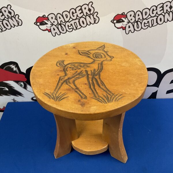 Vintage hand-carved pine Bambi stool by G.R. Hanson.
