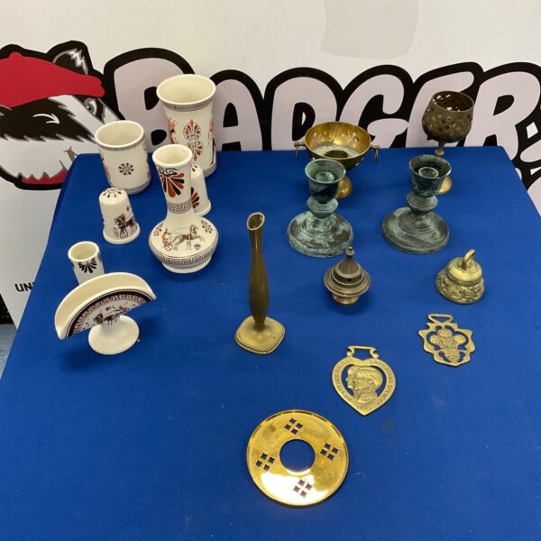 Vintage Greek pottery and brass collection for home decor.