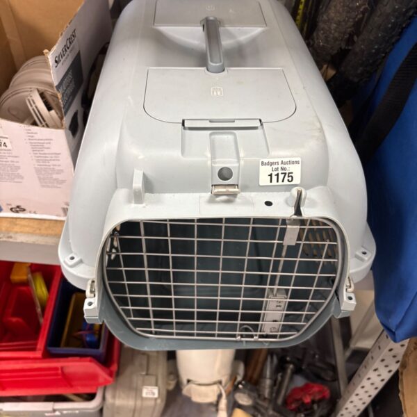 Grey hard sided pet carrier with wire mesh door and top carry handle