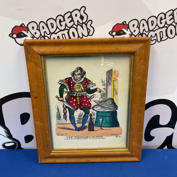 Antique 1904 engraving of Joseph Grimaldi as a clown in maple frame.