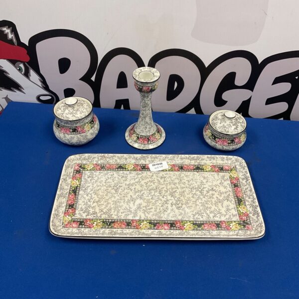 Grimswade pottery set with two trinket boxes, candlestick and tray, cream and rose design
