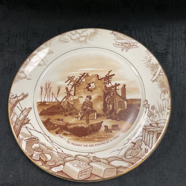 Vintage Grimswades WWI plate with satirical farm scene.