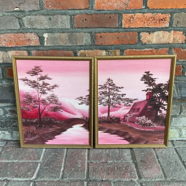 Pair of G S Clarke landscape oil paintings with winding paths.