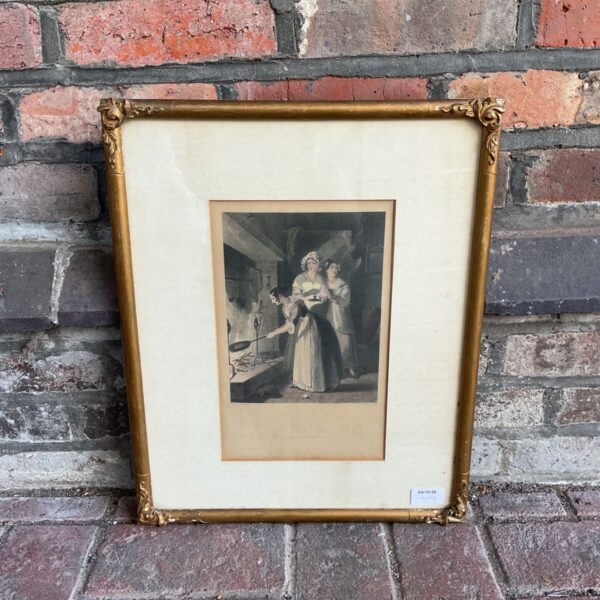 Antique engraving of "The Dumb Cake" by H. Corbould, Victorian domestic scene.