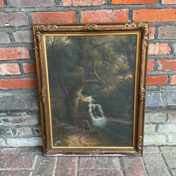 Front view of H Sinclair oil on board woodland painting in gilt frame