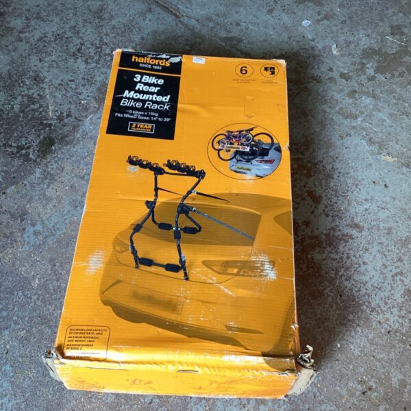 Halfords 3 bike rear mounted rack in original packaging.