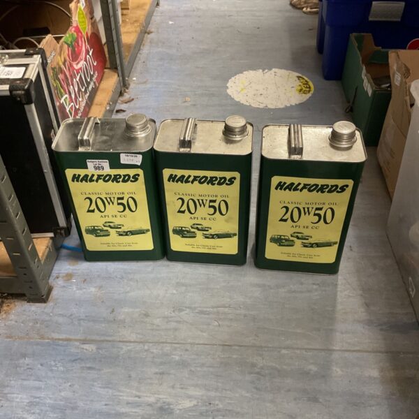 Vintage Halfords 20W50 classic motor oil cans for collectors.