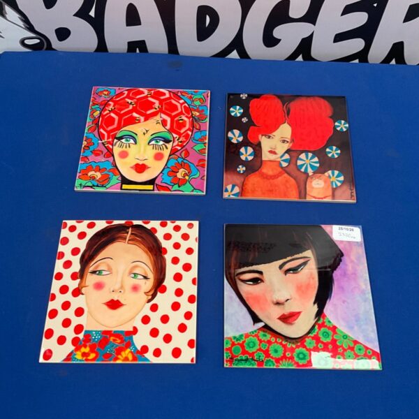 Four hand painted ceramic tiles with stylised ladies in bold retro designs