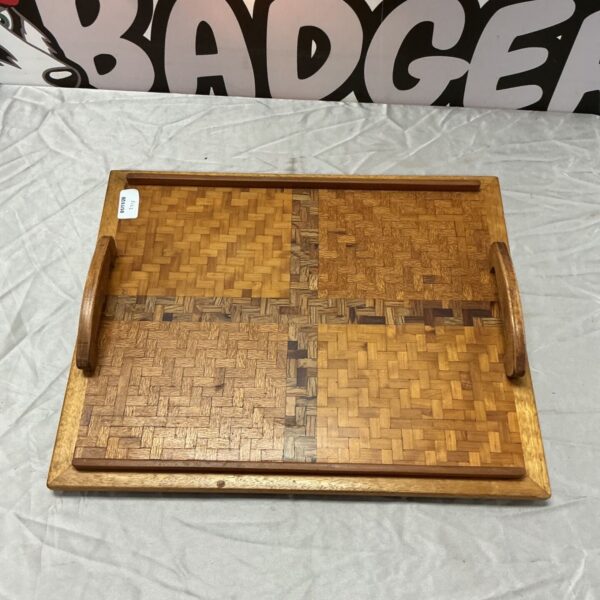 Handmade wooden serving tray with inlaid woven wood panels and curved handles