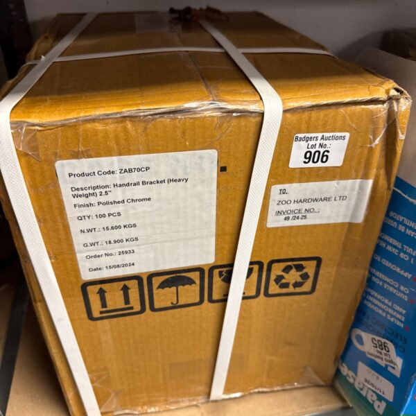 Sealed box of 100 polished chrome handrail brackets.