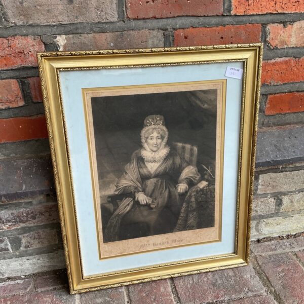 Framed antique monochrome portrait print of Mrs Hannah More in gilt frame