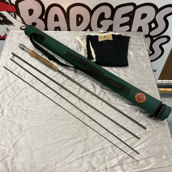 Hardy Demon four-piece fly fishing rod with green tube case and bag
