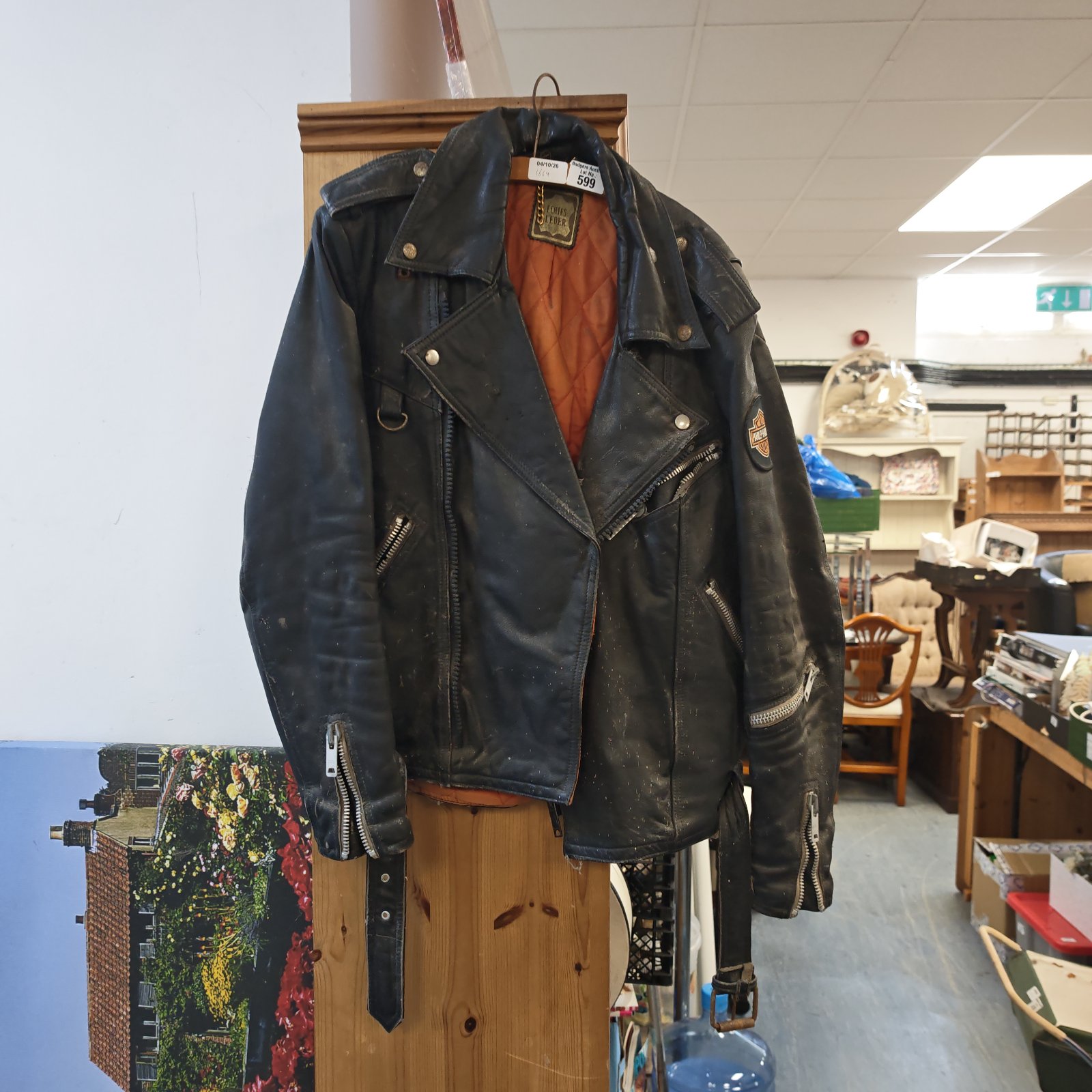 Vintage Harley Davidson leather jacket, classic biker style.