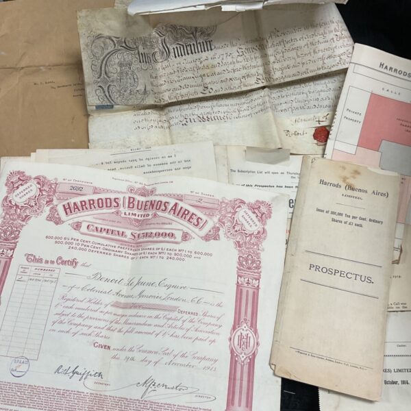 Harrods Buenos Aires share certificate with prospectus and archival documents