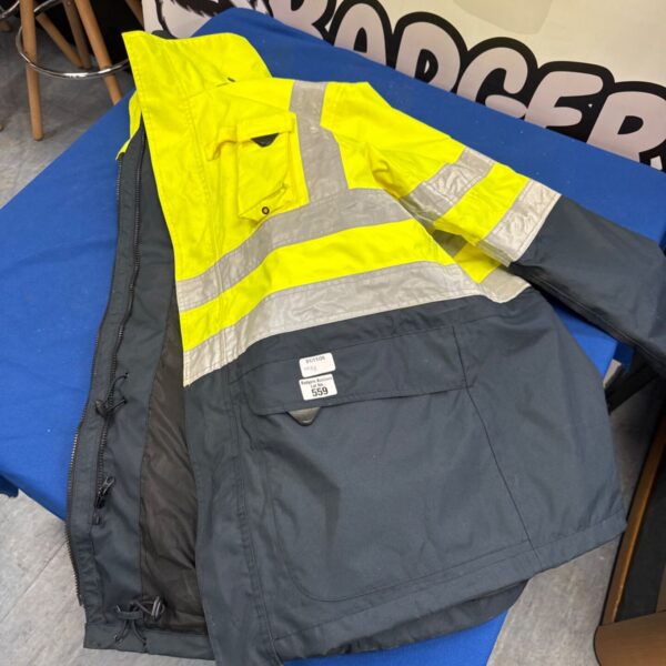 Yellow high visibility work jacket with silver reflective bands and grey lower panels