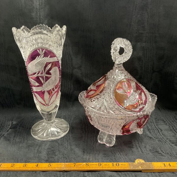 Vintage Hofbauer ruby Byrds lidded bowl and matching vase with etched birds