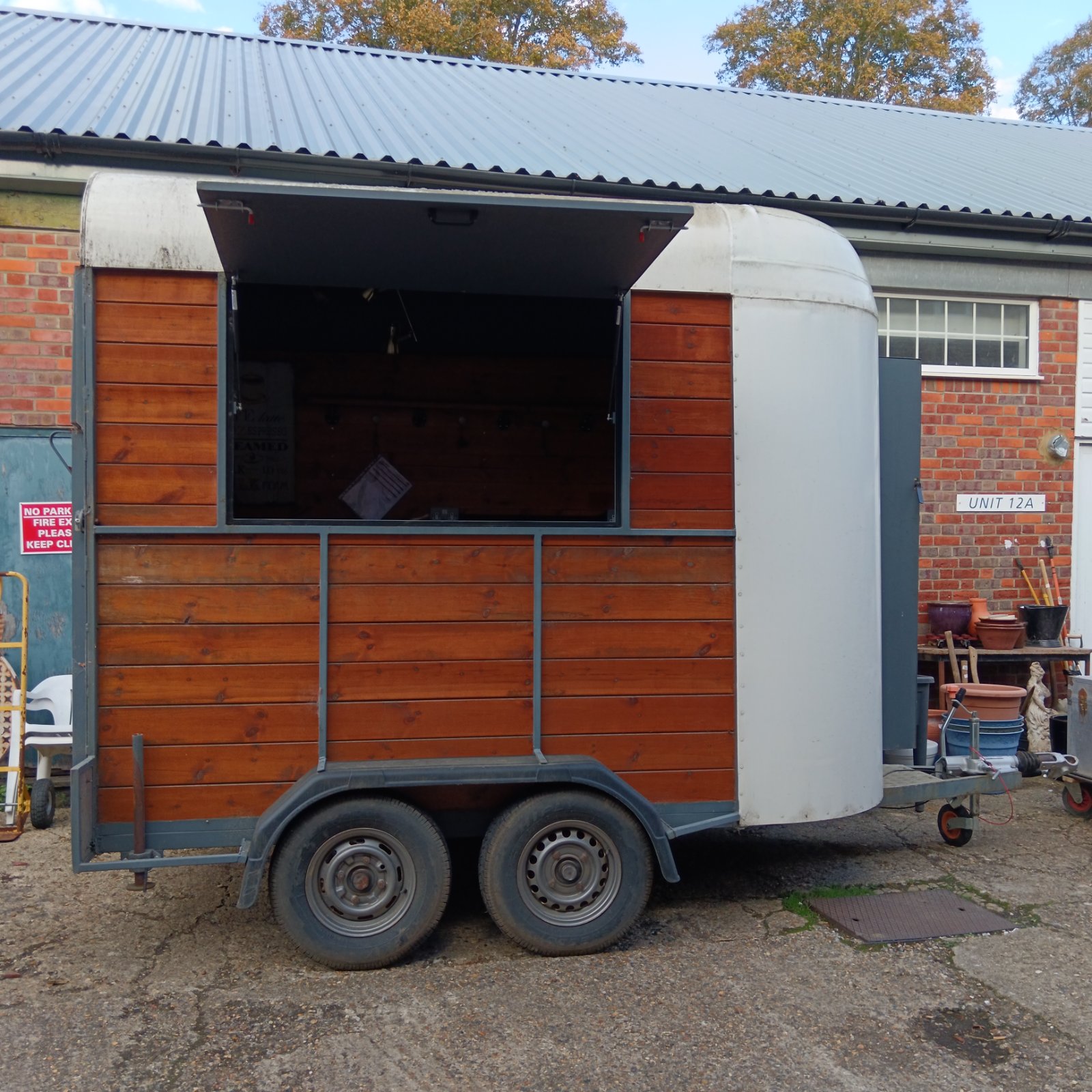 Exterior view of converted horse box coffee trailer.