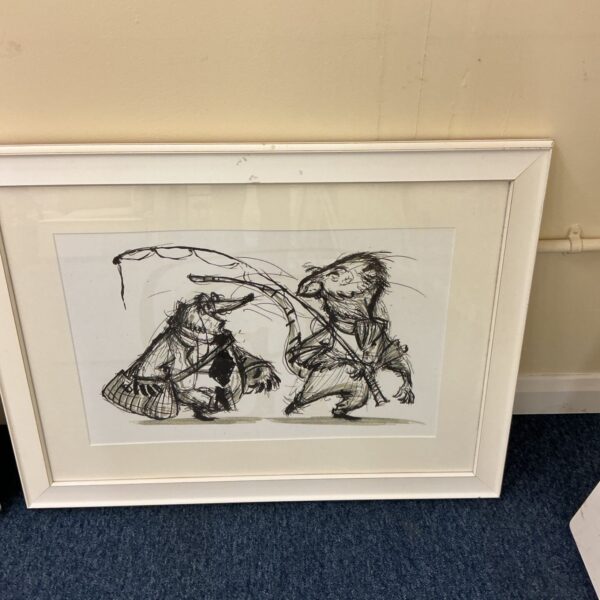 Framed black and white ink print in Howard Shepard style showing two rodent-like figures