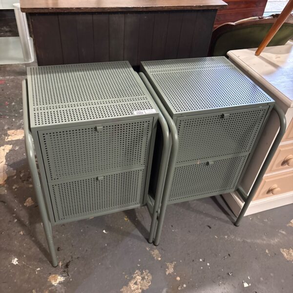 Pair of sage green IKEA NIKKEBY perforated metal chests of drawers with tubular legs