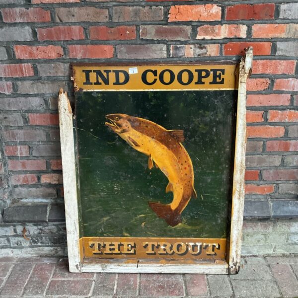 Vintage Ind Coope The Trout tin pub sign with leaping trout design