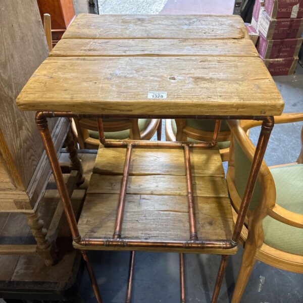 Industrial copper pipe side table with reclaimed timber top and lower shelf
