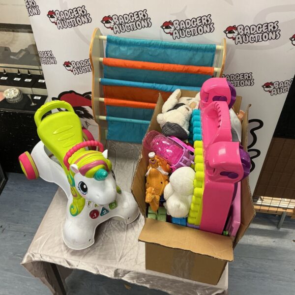 Infantino ride on unicorn with wooden shelves and assorted children's toys