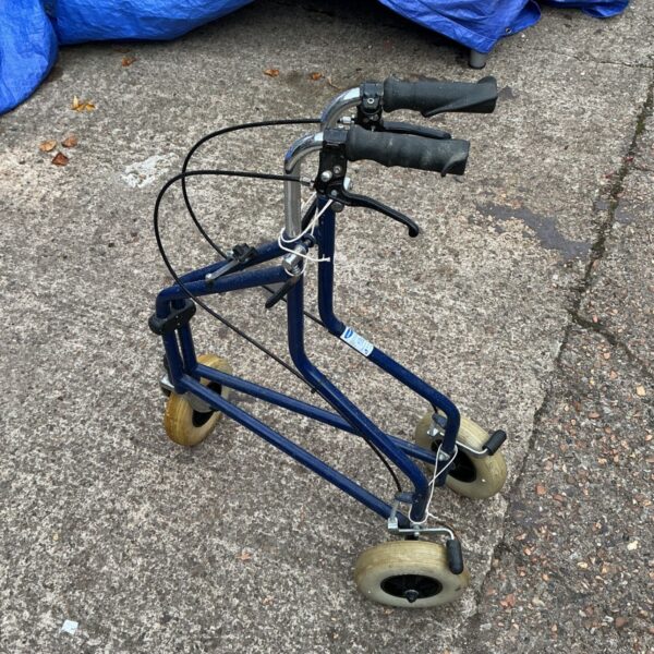 Blue Invacare walker with four wheels for senior mobility.