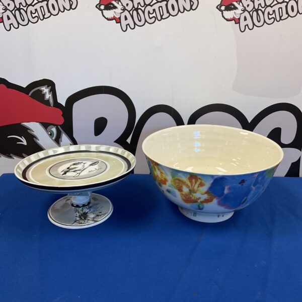 Janice Tchalenko Poole Pottery Iris bowl and Baci Milano cake stand set.