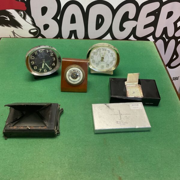 Jasper Conran silver plated travel clock with vintage alarm clocks and barometer