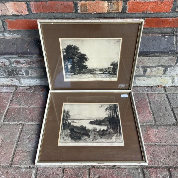 Pair of signed John Gifford etchings, early 20th century landscape art.
