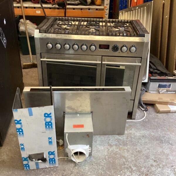 Large brushed steel John Lewis cooker with stainless steel hood and cowl unit