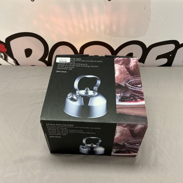 John Lewis stainless steel kettle on a stove top.